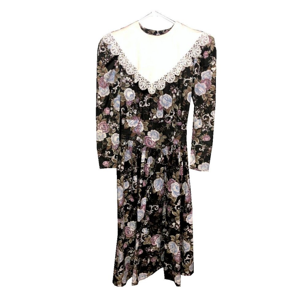 VTG Jessica McClintock Gunne Sak Black Print Fitted Dress Size Small